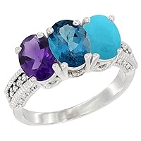 10K White Gold Natural Amethyst, London Blue Topaz & Turquoise Ring 3-Stone Oval 7x5 mm Diamond Accent, Sizes 5-10