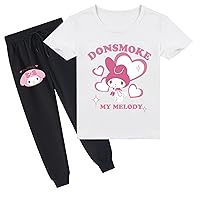 Toddler My Melody Graphic Short Sleeve Shirt Tracksuit-Baggy Round Neck Tee and Jogger Pants Set(2T-14Y)