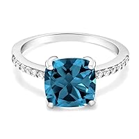 Gem Stone King 925 Sterling Silver London Blue Topaz Engagement Ring For Women (2.86 Cttw, Cushion Cut 8MM, Gemstone Birthstone, Available In Size 5,6,7,8,9)