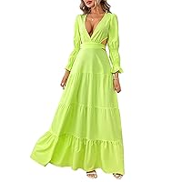 Women’s V Neck Long Dress Long Sleeves Tiered Dress Flowy Maxi Causal Dress