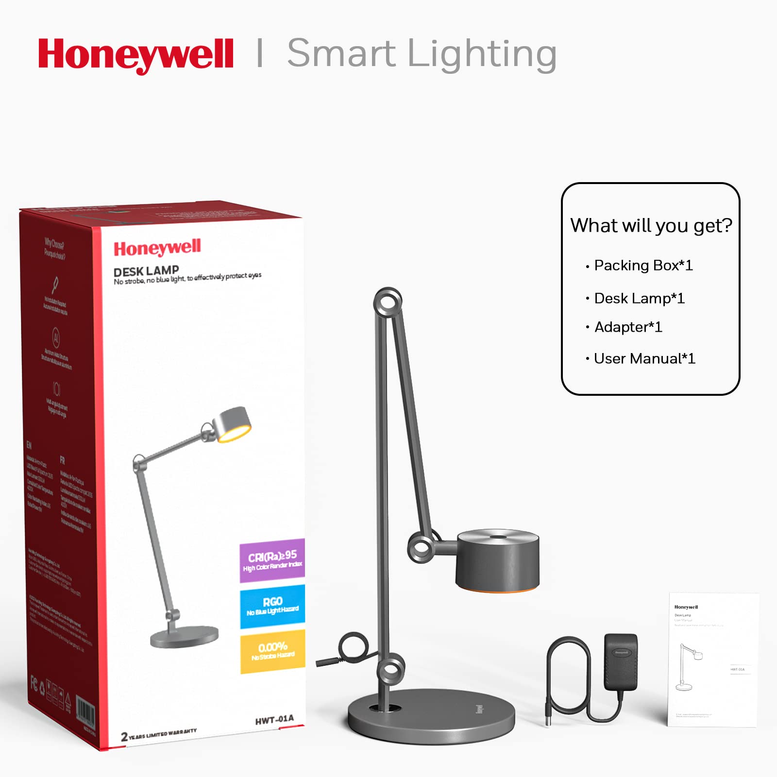 Honeywell Desk Lamp Home Office - Natural Light Adjustable Dimmable Touch LED Full Metal Efficient Table Lighting for Bedroom Read Study Work HWT-01A