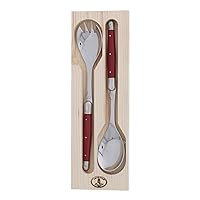 Jean Dubost Salad Servers, Red Handles - Rust-Resistant Stainless Steel - Includes Wooden Tray - Made in France