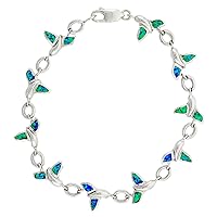 Sterling Silver Synthetic Opal Whale Tail Bracelet Women with Inlay 7 1/4 inch Long