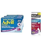 Advil Junior Strength Chewable Ibuprofen Grape Flavor Tablets Pack of 3 and Robitussin Grape Flavor Chest Congestion DM Cough Medicine for Kids