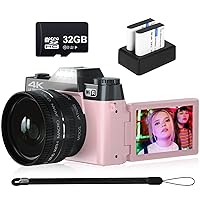 2024 Upgrade 4K Digital Camera for Photography VJIANGER 48MP WiFi Vlogging Camera with 180° Flip Screen, 16X Digital Zoom, 52mm Wide Angle & Macro Lens, 2 Batteries, 32GB TF Card(W02-Pink34)