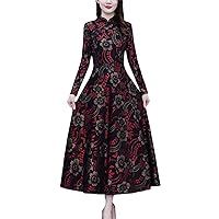 Autumn Winter Long Sleeve Floral Midi Dress Women Casual Vintage Clothes for Knitting Bodycon Dresses