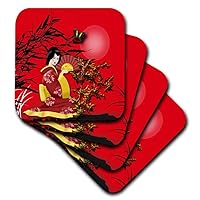 3dRose Japanese Geisha Girl in Red with and Gold Accents Ceramic Tile Coasters