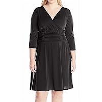 Women's Plus Size Solid Ity V-nk 3/4 Sleev Bslim Dress with Ruching at Waist