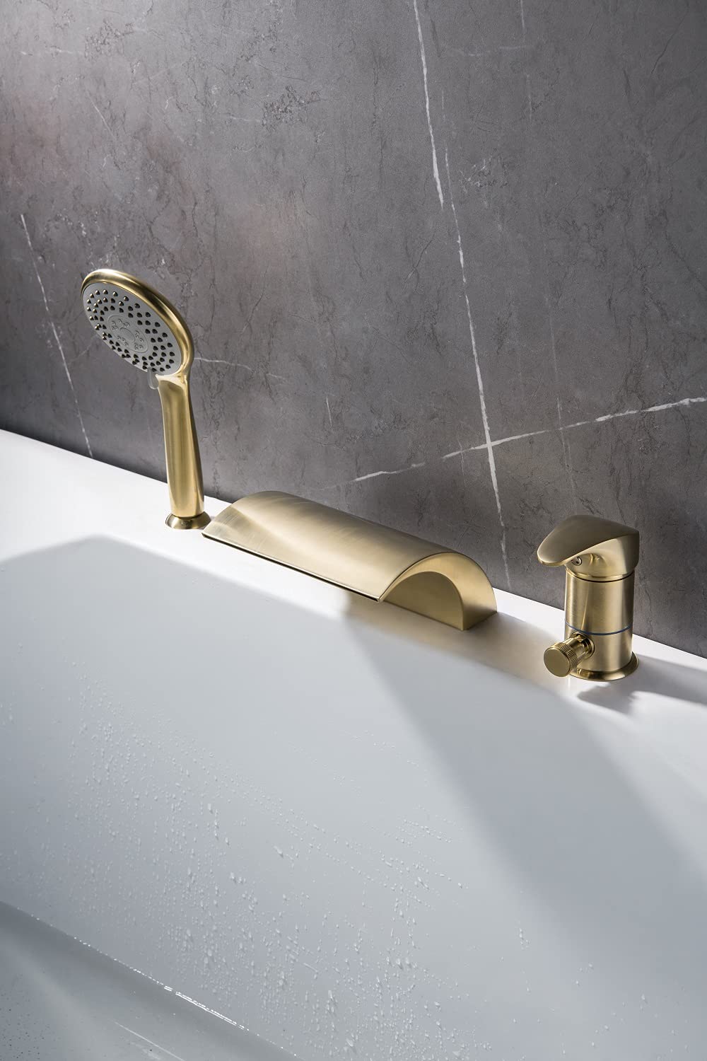 Roman Tub Faucet Brushed Gold Three Holes with Waterfall Tub Spout Filler with Hand Shower High Flow