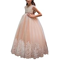 VeraQueen Girl's A Line Lace Pageant Ball Gowns O Neckline Cap Sleeves Flower Girl Dress