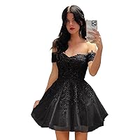 Basgute Lace Applique Short Homecoming Dresses for Teens 2023 Glitter Tulle Cold Shoulder Formal Prom Cocktail Gown