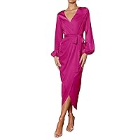PRETTYGARDEN Women's Maxi Satin Dress Puff Sleeve Wrap V Neck Ruched Belted Long Formal Cocktail Dresses