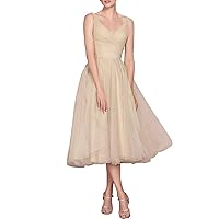 Lorderqueen Women's Double V Neck Tea Length Bridesmaid Dress Tulle Evening Formal Dresses