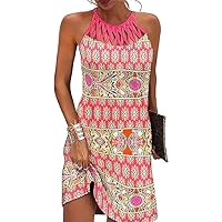 Women Summer Halter Neck Dresses 2024 Sleeveless Casual Floral Print Dress Short Mini Beach Vacation Sundresses