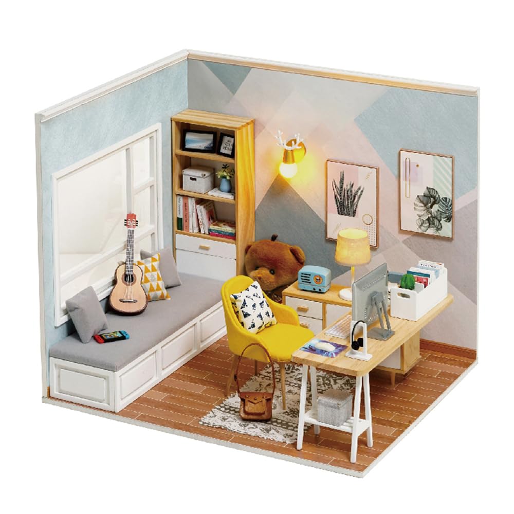 Dollhouse DIY Miniature Room Kit-Handmade Kit Home Decoration-Miniature Model to Build-Christmas Birthday Gifts for Boys Girls Women Friends (Sunshine Study House)