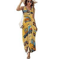 Fun Truck Car Women's Dresses Sleeveless Maxi Dress V-Neck Sundress Casual Tank Dress Beach Dress