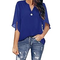 Womens Shirts Button Down Roll Up Long Sleeve Blouse Notched V Neck Chiffon Work Casual Tops Shirts 2024