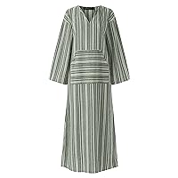 Women's Summer Dress Ladies Women's New Summer Cotton and Linen Yarn Dyed Striped Loose Long Dress(Green,4X-Large)