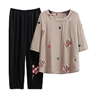 XJYIOEWT Long Denim Dress For Women Plus Size,Women Cotton Li Nen Suit Comfortable Short Sleeve And Long Pants Solid Col