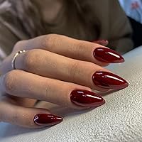 Wine Red Press on Nails Almond Shape,KXAMELIE Glue on Nails Medium Acrylic Nails Press on with Solid Glossy Nude Color Design Fake Nails Set for Women Girls Daily Wear in 24PCS Valentines Nails