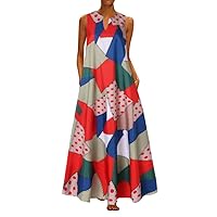 Women's Bohemian Print Flowy Beach V-Neck Glamorous Dress Casual Loose-Fitting Summer Swing Sleeveless Long Floor Maxi Red