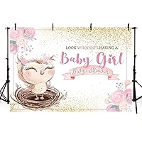 MEHOFOTO Owl Themed Girl Baby Shower Photo Background Banner Woodland Pink Floral Gold Glitter Princess Baby Shower Watercolor Backdrops for Photography 7x5ft