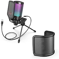 FIFINE Gaming USB Condenser Microphone with Pop Filter Bundle, Quick Mute, RGB Indicator, Tripod Stand, Shock Mount, Gain Control for Streaming YouTube Videos(A6V+U1)