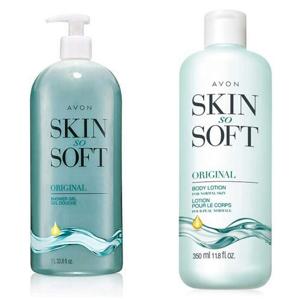 Avon Skin So Soft Original Family Size 33.8 and 11.8 fl. oz Shower Gel and Body Lotion.