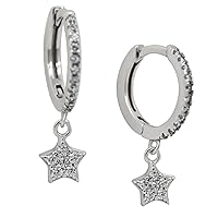 925 Sterling Silver Zircon Lined Star Dangling Huggie Hoop Earrings, Sold as a Pair