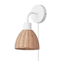 Globe Electric Briar 1-Light Plug-in or Hardwire Wall Sconce, Matte White, Rattan Shade, 6ft White Braided Fabric Designer Cord, in-Line On/Off Rocker Switch, Bulb Not Included