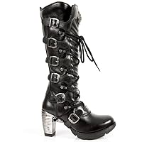 Newrock TR004-S1 Ladies Black Leather Buckle Lace Knee High Zip Boots.