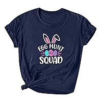 Egg Hunt Squad T-Shirt Women Bunny Eggs Print Shirts Easter Gift Tee Casual Crewneck Short Sleeve Blouse Tops