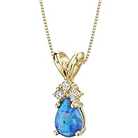 PEORA 14K Yellow Gold Created Blue Opal with Genuine Diamonds Pendant, Dainty Teardrop Solitaire, Pear Shape, 7x5mm