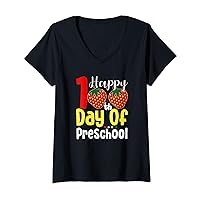 Womens Happy 100th Day Of Preschool With Strawberry Teacher Student V-Neck T-Shirt