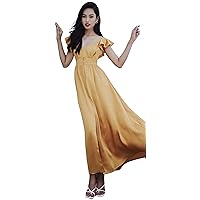 Women Elegant Deep V Neck Flutter Short Sleeves Open Back Maxi Dress Soft Silk Satin Lounge Dress