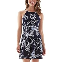 Womens Stretch Sleeveless Halter Mini Party Fit + Flare Dress