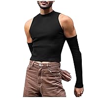 Mens Cold Shoulder Tops,Slim Fit Casual Pullover Skinny Long Sleeve T-Shirt Gay Sexy Crop Tops Mock Neck Tee