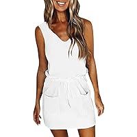 Beach Dresses for Women Casual Sleeveless Solid Color Mini Pocket Tshirt Dress with Drawstring
