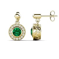 Round Lab Created Emerald & Natural Diamond 1.48 ctw Halo Drop and Dangle Earrings 14K Gold