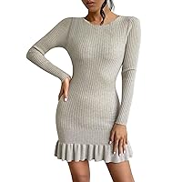 Trendy Plus Size Sweater Dress Fall Winter Elegant Formal Long Sleeve Ruffle Short Dress Sexy Bodycon Mini Dress