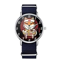 Shiba Inu Eats Noodles Nylon Watch for Men and Women, Kawaii Dog Art Theme Unisex Wristwatch, Japanese Ramen Lover Gift Idea