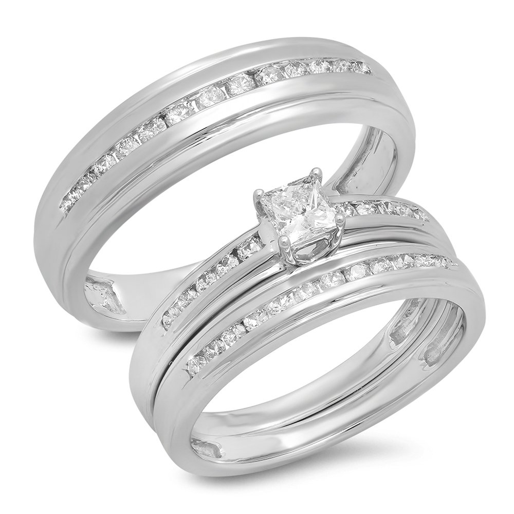 Dazzlingrock Collection 0.85 Carat (ctw) 10K Gold Princess & Round Cut White Diamond Men & Women's Ring Trio Bridal Set