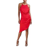 BCBGMAXAZRIA Women's Sleeveless Asymmetrical Halter Neck Midi Dress, Fiery Red