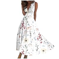 Dresses for Women 2024 Summer Casual Sleeveless V Neck Boho Waist Retraction Printed Long Dress