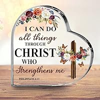 Christian Gift Acrylic Plaque for Women,Religious Desk Plaque I Can Do All Things Through Christ,Prayer Heart Shape Acrylic Sign for Friends Men,Inspirational Table Decor for Home Office Room 5.9”