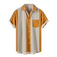 Men's Vintage Bowling Shirt Short Sleeve Button Down Hawaiian Shirt Summer Casual Color Block Beach Tops with Pocket