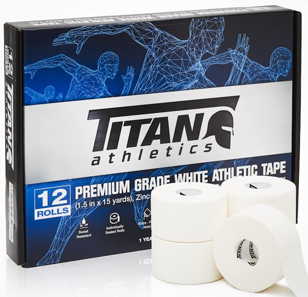 Titan Athletics - 12 Pack of Premium Quality White Athletic Tape/Sports Tape - 1 1/2 Inch x 45 Feet Per Roll - 100 Percent Cotton with Zinc Oxide - Easy Tear Zig Zag Design and No Sticky Residue