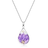 Jayden Silver Necklace for Women,Birth Flower Necklace,Purple Swallowwort July Month Real Flower,Handmade Resin Necklaces,Represents Positive Qualities Of Perseverance,Unique Gift,Teardrop Pendant 18”