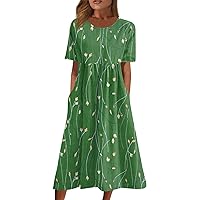 Work Short Sleeve Calf-Length Dress Woman Slacking Independence Day Light Cotton Ladies Slimming Frill Crewneck Green 3XL