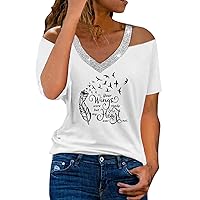 XJYIOEWT Girls Crop Tops Size 10-12 Women's Summer V Neck Off The Shoulder Dandelion Print Short Sleeve T Shirt Top Blo
